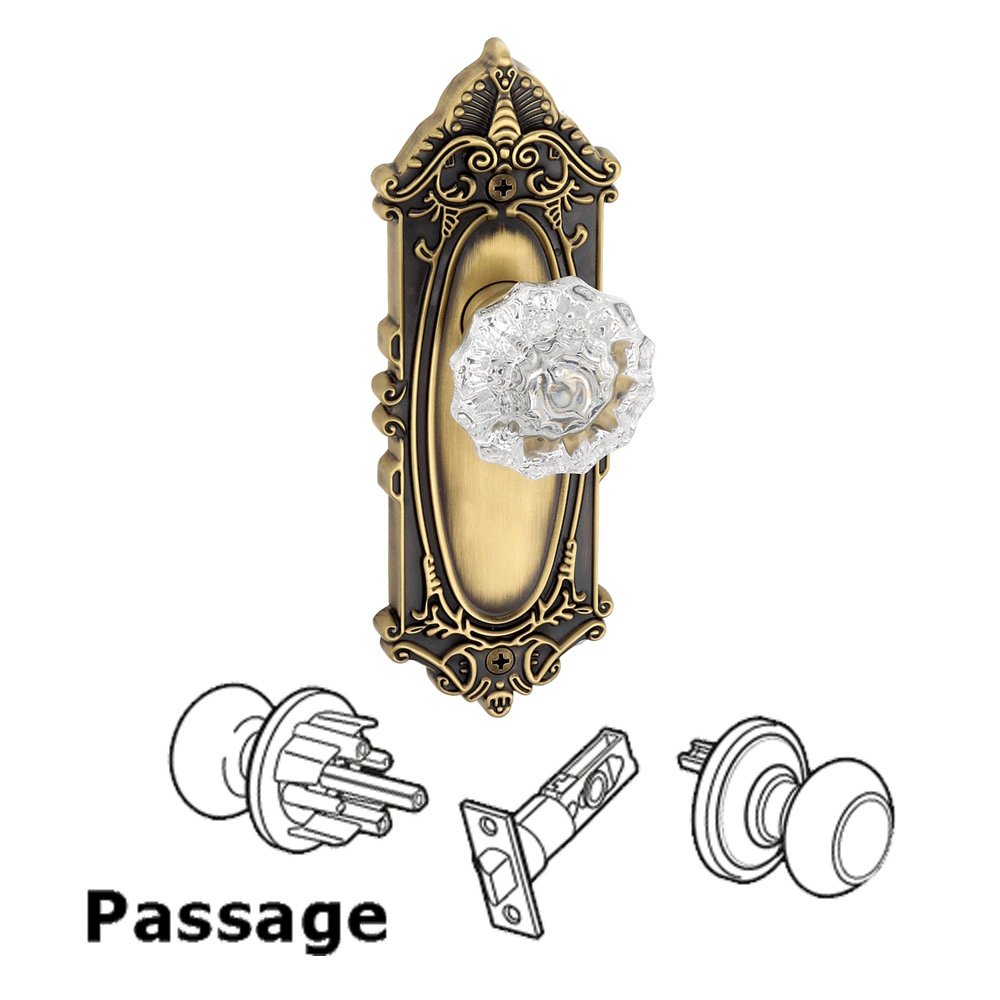 Passage Knob - Grande Victorian Rosette with Fontainebleau Crystal Door Knob in Vintage Brass