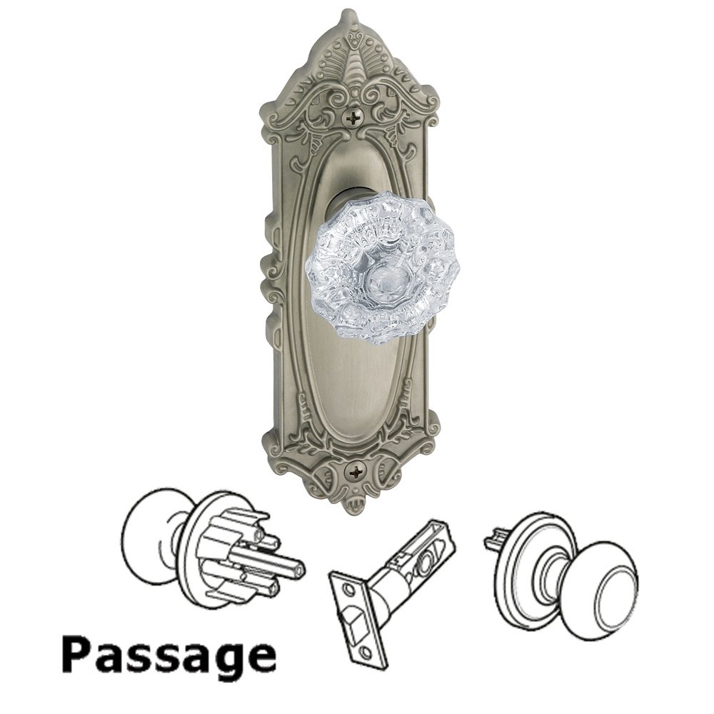 Passage Knob - Grande Victorian Rosette with Fontainebleau Crystal Door Knob in Satin Nickel