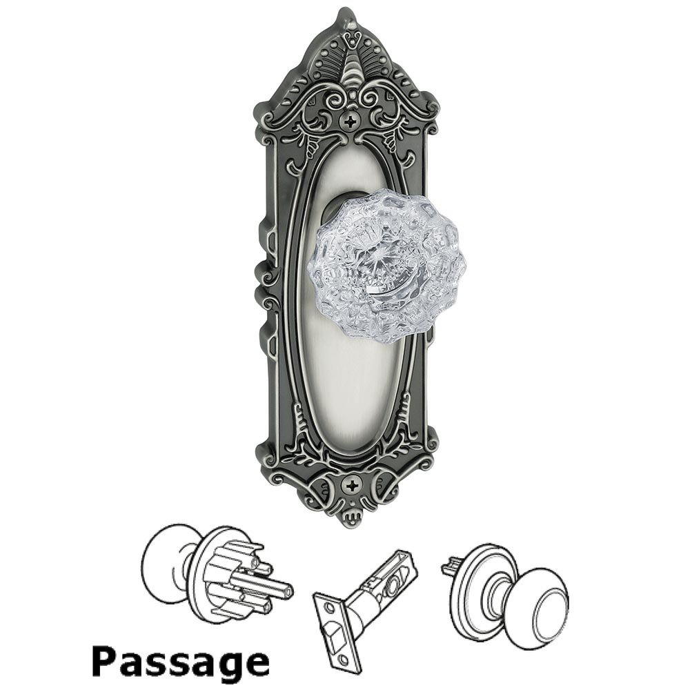 Passage Knob - Grande Victorian Rosette with Fontainebleau Crystal Door Knob in Antique Pewter