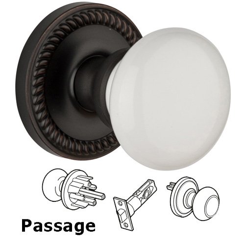 Passage Knob - Newport Rosette with Hyde Park White Porcelain Knob in Timeless Bronze