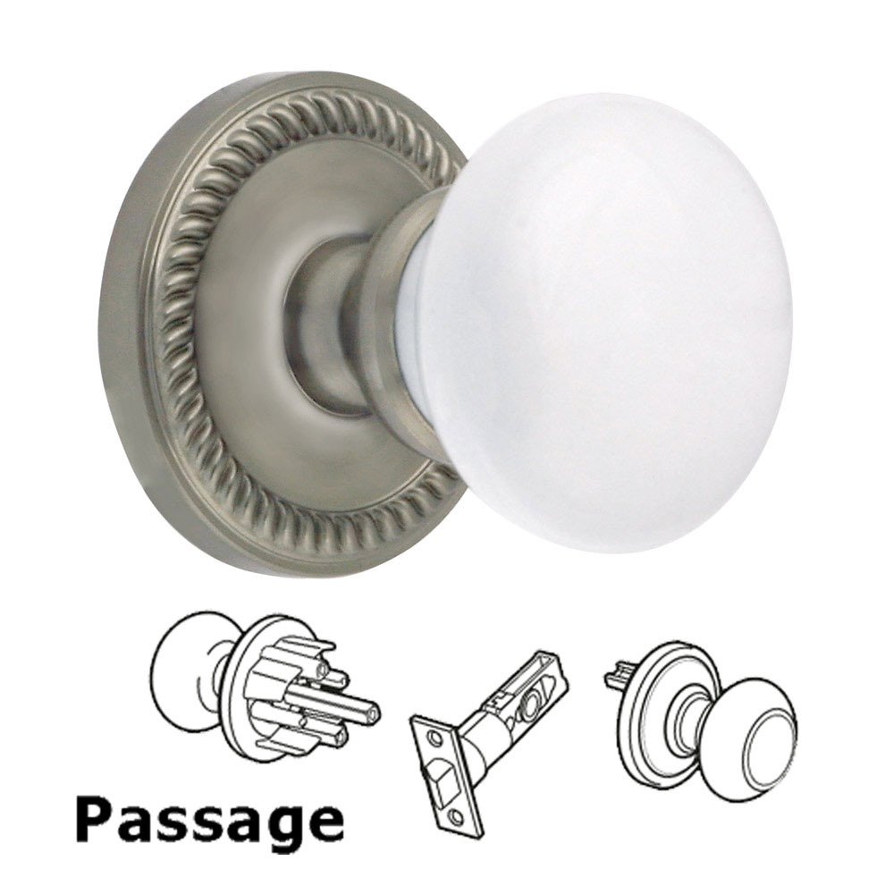 Passage Knob - Newport Rosette with Hyde Park White Porcelain Knob in Satin Nickel