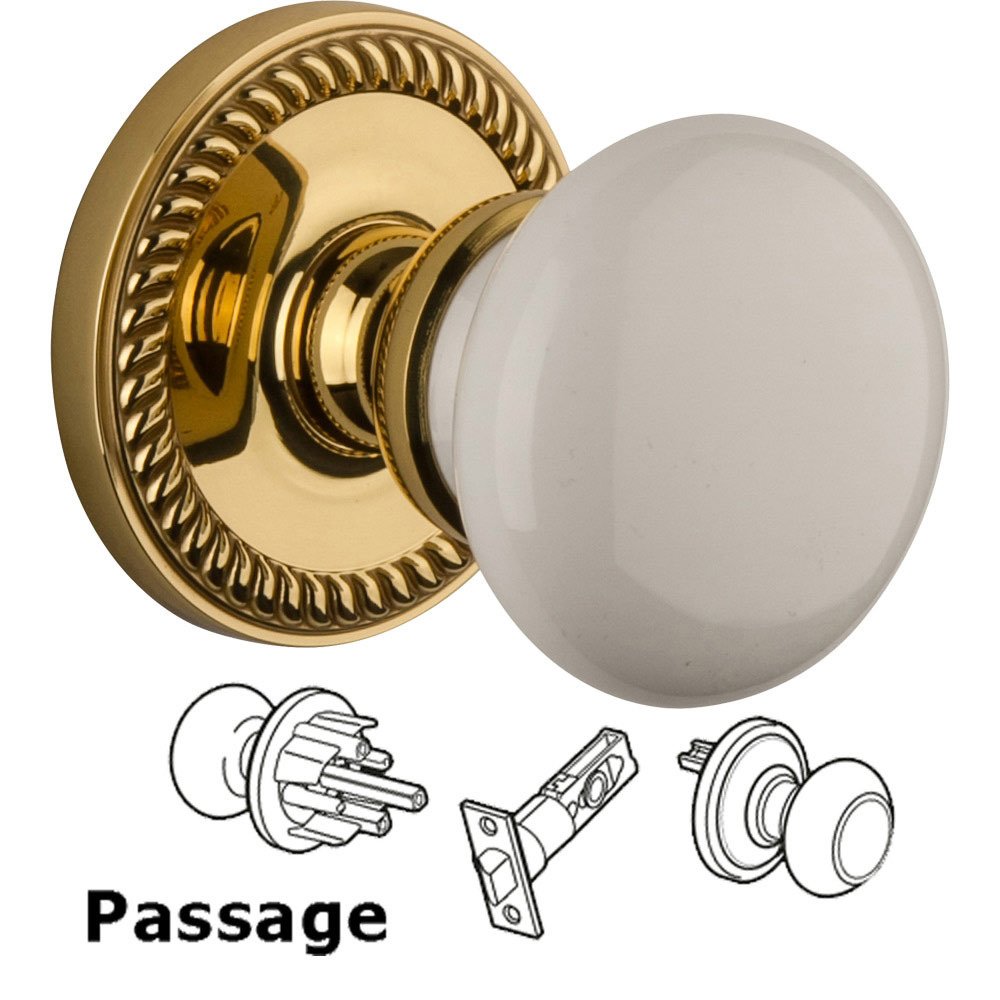 Passage Knob - Newport Rosette with Hyde Park Door Knob in Polished Brass