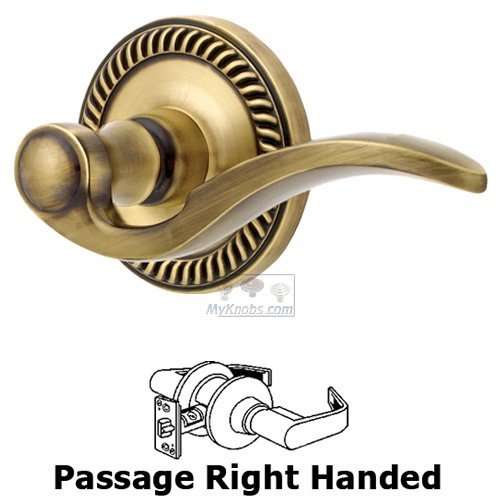 Right Handed Passage Lever - Newport Rosette with Bellagio Door Lever in Vintage Brass