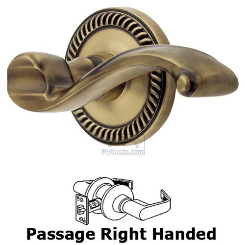 Right Handed Passage Lever - Newport Rosette with Portofino Door Lever in Vintage Brass