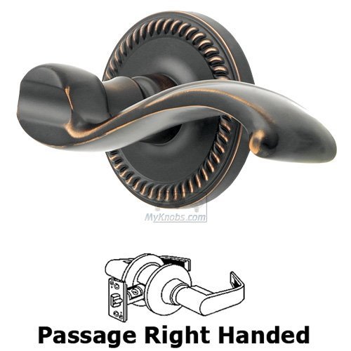 Right Handed Passage Lever - Newport Rosette with Portofino Door Lever in Timeless Bronze