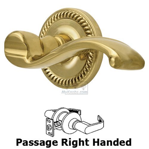 Right Handed Passage Lever - Newport Rosette with Portofino Door Lever in Polished Brass