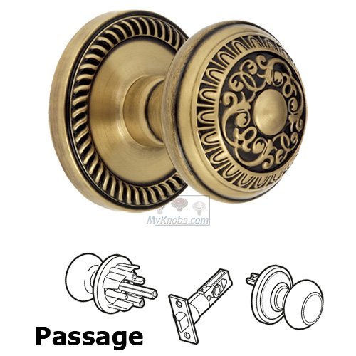 Passage Knob - Newport Rosette with Windsor Door Knob in Vintage Brass