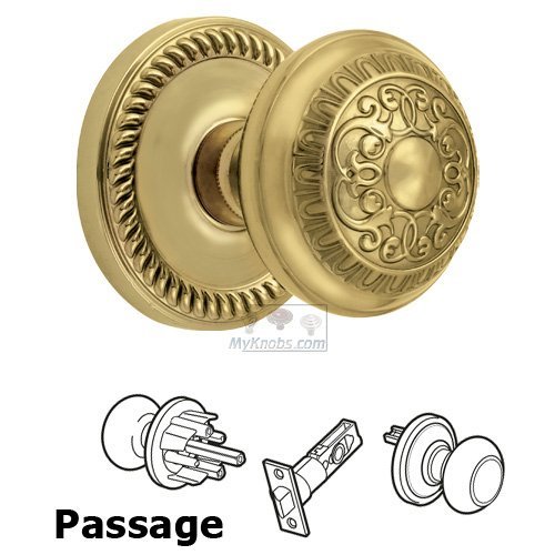 Passage Knob - Newport Rosette with Windsor Door Knob in Polished Brass
