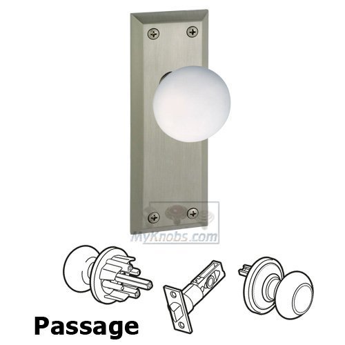Passage Knob - Fifth Avenue Plate with Hyde Park White Porcelain Knob in Satin Nickel