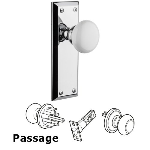 Passage Knob - Fifth Avenue Plate with Hyde Park White Porcelain Knob in Bright Chrome