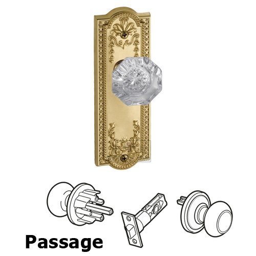 Passage Knob - Parthenon Plate with Chambord Crystal Door Knob in Polished Brass