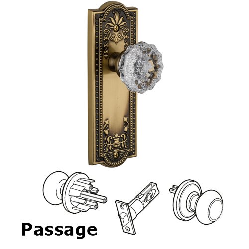 Passage Knob - Parthenon Plate with Fontainebleau Crystal Door Knob in Vintage Brass