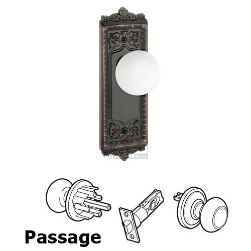 Passage Knob - Windsor Plate with Hyde Park White Porcelain Knob in Timeless Bronze