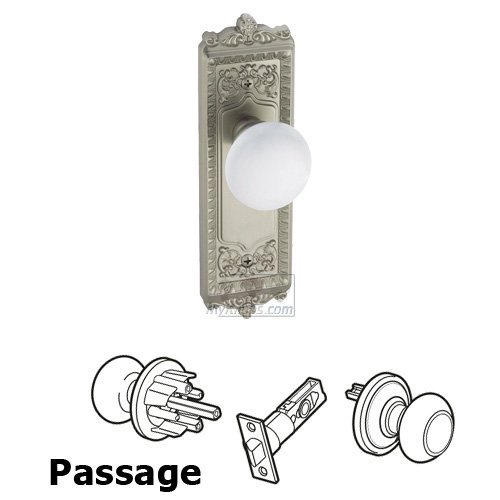 Passage Knob - Windsor Plate with Hyde Park White Porcelain Knob in Satin Nickel