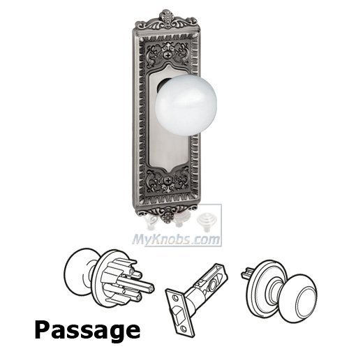 Passage Knob - Windsor Plate with Hyde Park White Porcelain Knob in Antique Pewter
