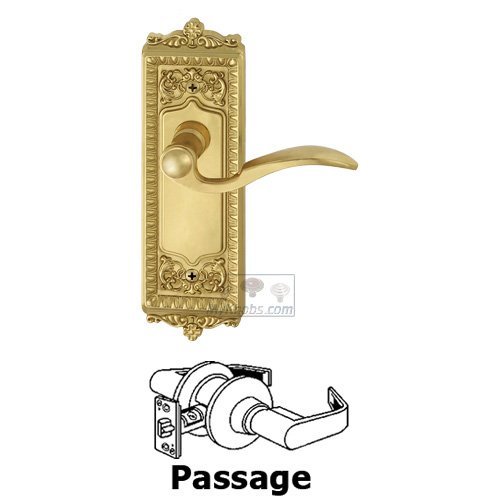 Passage Windsor Plate with Left Handed Bellagio Door Lever in Polished Brass