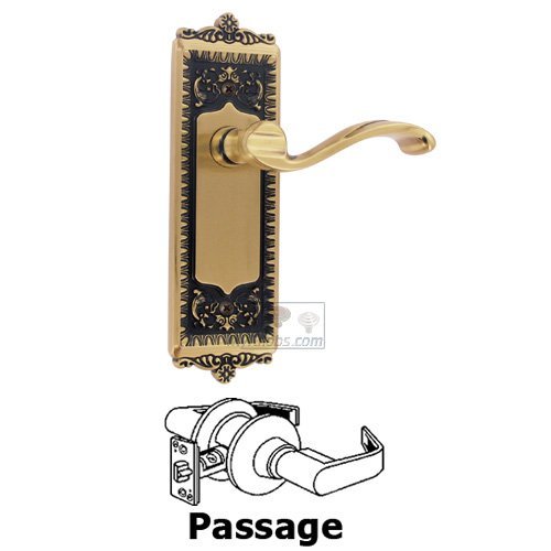 Passage Windsor Plate with Left Handed Portofino Door Lever in Vintage Brass