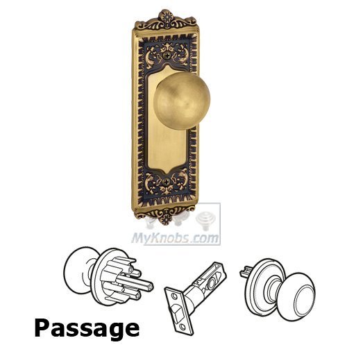 Passage Knob - Windsor Plate with Fifth Avenue Door Knob in Vintage Brass
