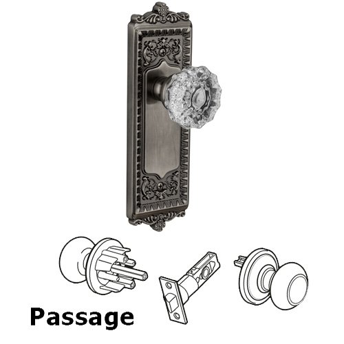 Passage Knob - Windsor Plate with Fontainebleau Crystal Door Knob in Antique Pewter