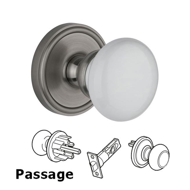 Passage Knob - Georgetown Rosette with Hyde Park White Porcelain Knob in Satin Nickel