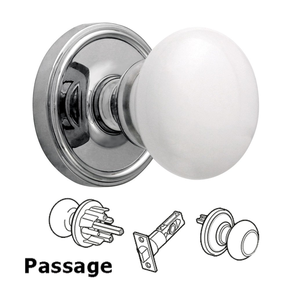 Passage Knob - Georgetown Rosette with Hyde Park White Porcelain Knob in Bright Chrome