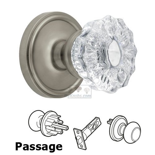 Passage Knob - Georgetown Rosette with Fontainebleau Crystal Door Knob in Satin Nickel