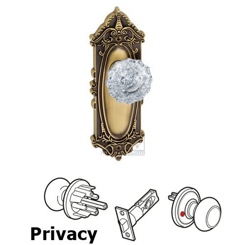 Privacy Knob - Grande Victorian Plate with Versailles Crystal Door Knob in Vintage Brass