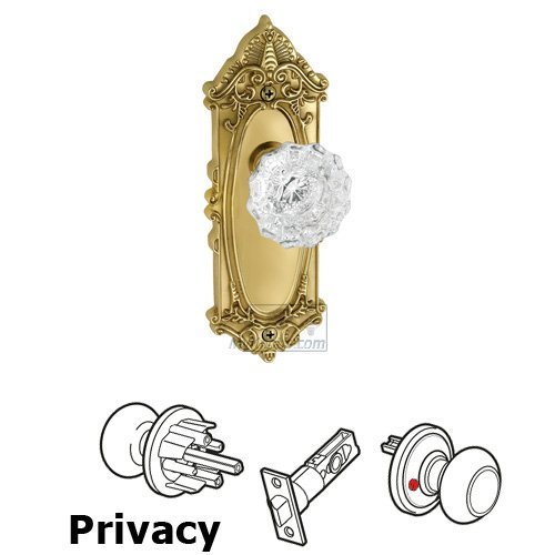 Privacy Knob - Grande Victorian Plate with Versailles Crystal Door Knob in Polished Brass