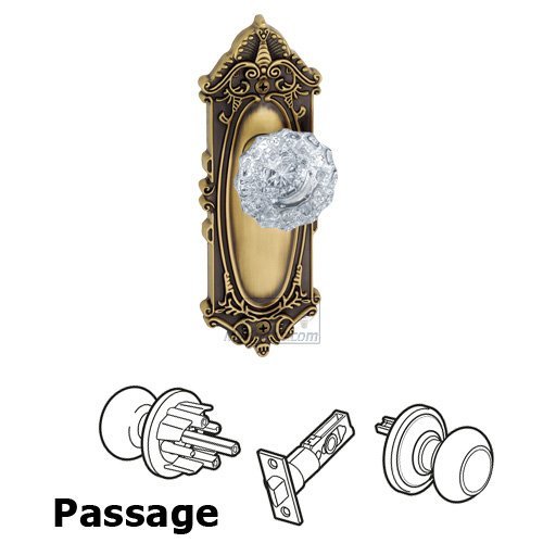 Passage Knob - Grande Victorian Plate with Versailles Crystal Door Knob in Vintage Brass