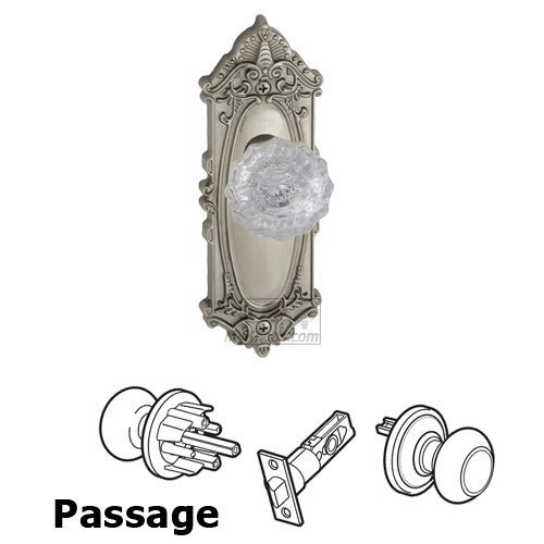Passage Knob - Grande Victorian Plate with Versailles Crystal Door Knob in Satin Nickel