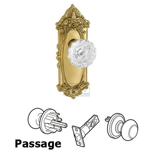 Passage Knob - Grande Victorian Plate with Versailles Crystal Door Knob in Polished Brass