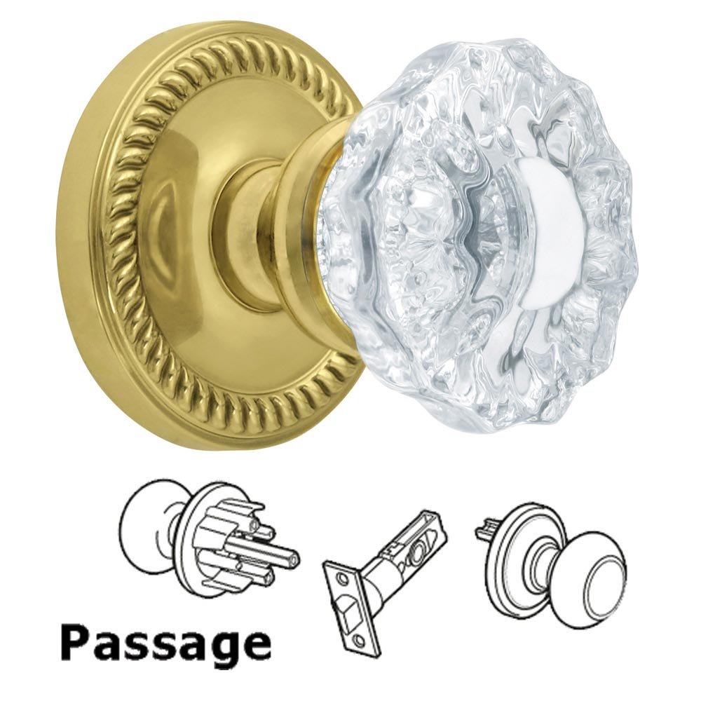 Passage Knob - Newport Rosette with Versailles Crystal Door Knob in Polished Brass