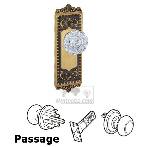 Passage Knob - Windsor Plate with Versailles Crystal Door Knob in Vintage Brass