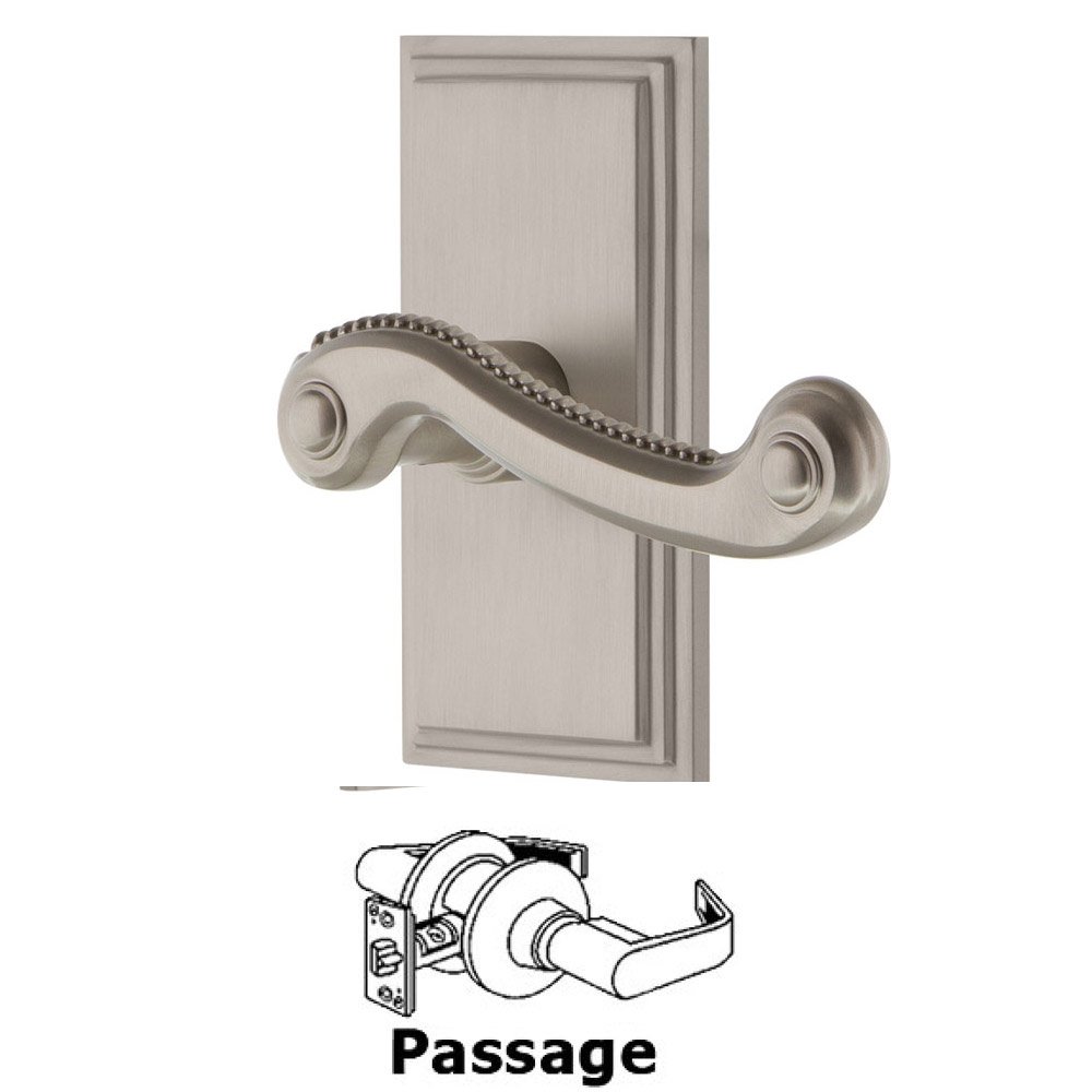 Passage Carre Plate with Newport Left Handed Lever in Satin Nickel