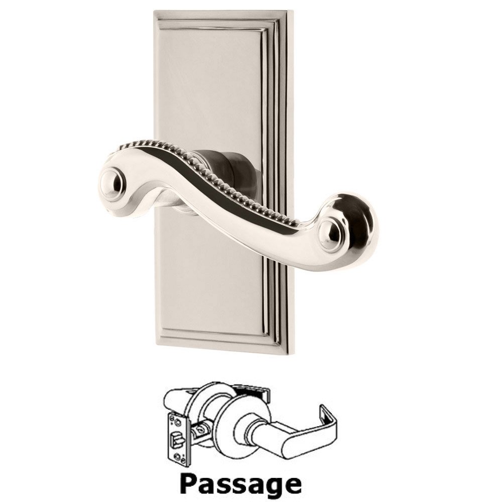 Passage Carre Plate with Newport Left Handed Lever in Polished Nickel