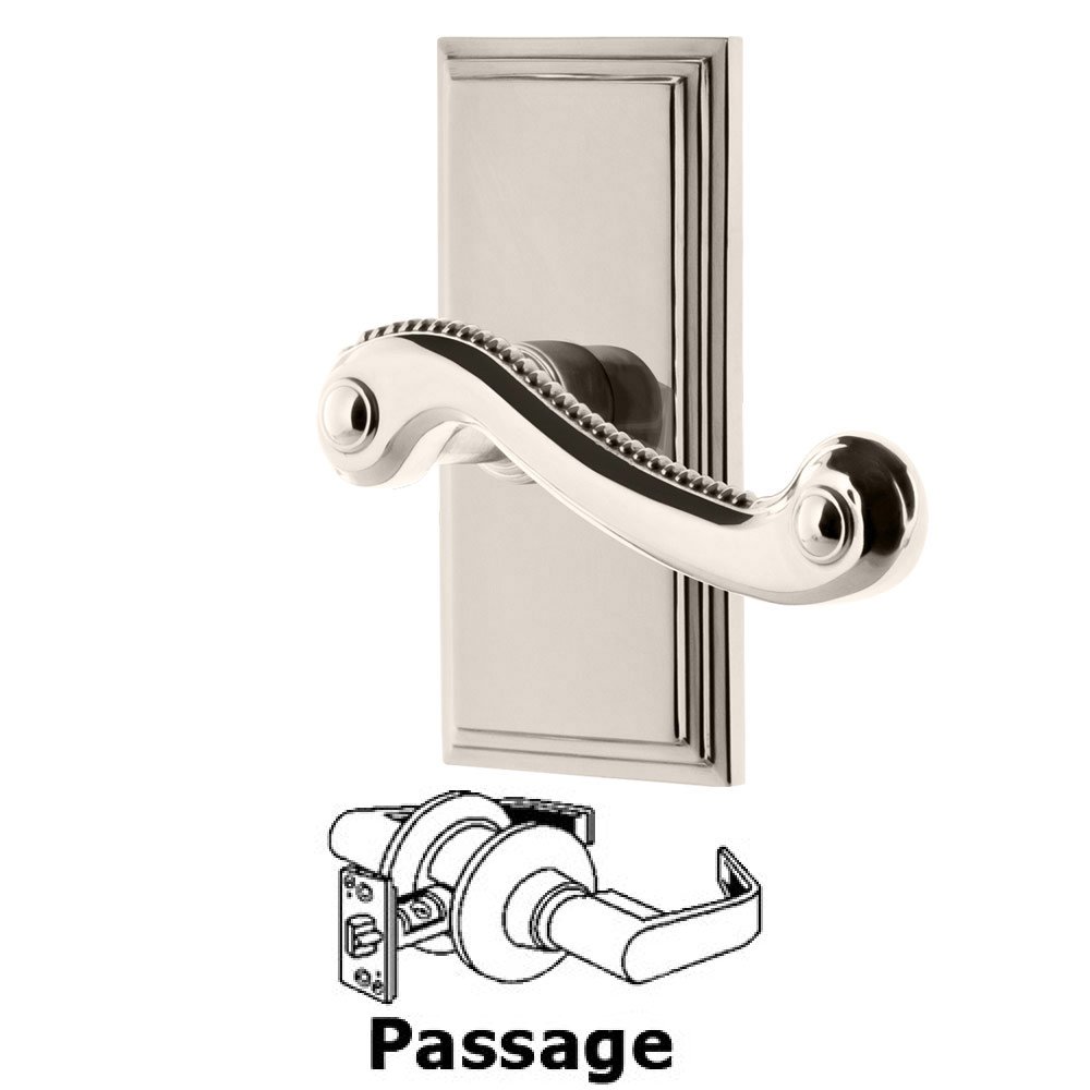 Passage Carre Plate with Newport Right Handed Lever in Polished Nickel