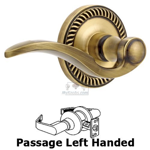 Left Handed Passage Lever - Newport Rosette with Bellagio Door Lever in Vintage Brass