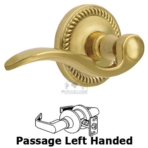 Left Handed Passage Lever - Newport Rosette with Bellagio Door Lever in Polished Brass