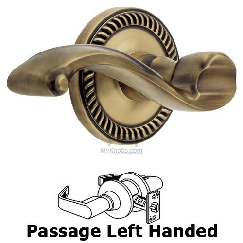 Left Handed Passage Lever - Newport Rosette with Portofino Door Lever in Vintage Brass