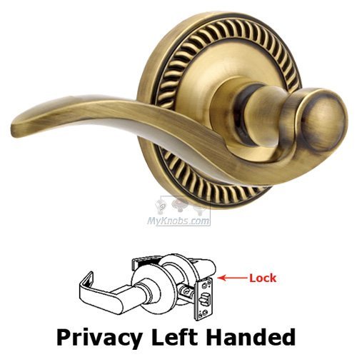 Left Handed Privacy Lever - Newport Rosette with Bellagio Door Lever in Vintage Brass