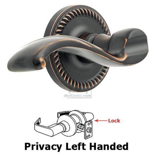 Left Handed Privacy Lever - Newport Rosette with Portofino Door Lever in Timeless Bronze