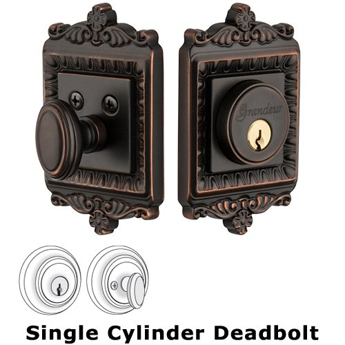 Grandeur Single Cylinder Deadbolt with Windsor Plate in Timeless Bronze