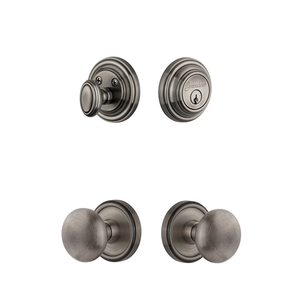 Georgetown Rosette With Fifth Avenue Knob & Matching Deadbolt In Antique Pewter