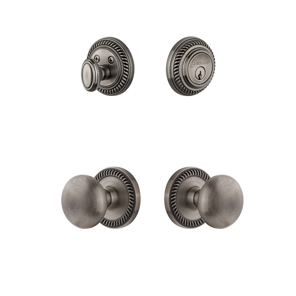 Handleset - Newport Rosette With Fifth Avenue Knob & Matching Deadbolt In Antique Pewter