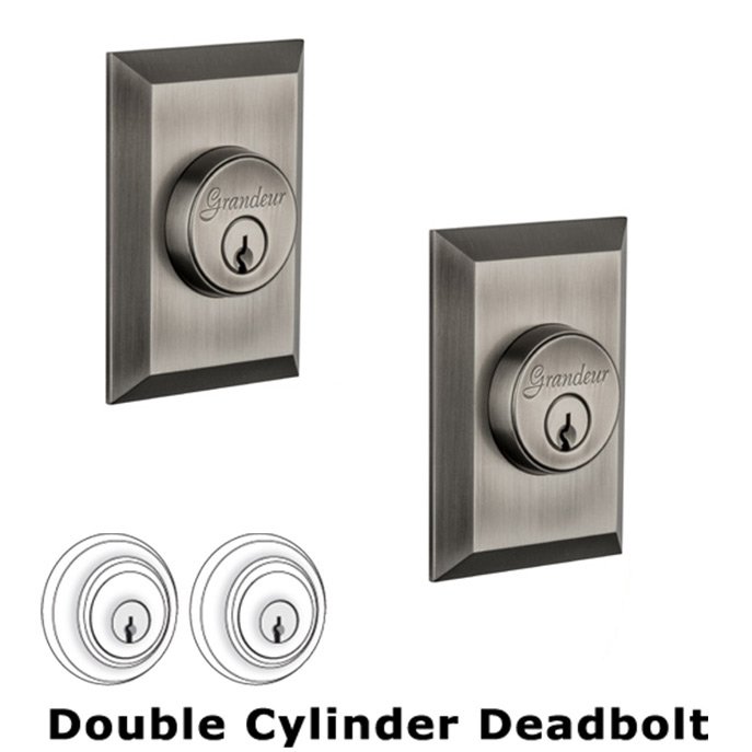 Grandeur Double Cylinder Deadbolt with Fifth Avenue Plate in Antique Pewter