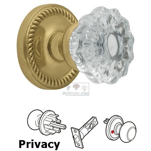 Privacy Knob - Newport Rosette with Fontainebleau Crystal Door Knob in Lifetime Brass