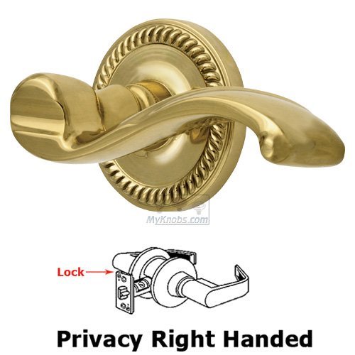 Right Handed Privacy Lever - Newport Rosette with Portofino Door Lever in Lifetime Brass