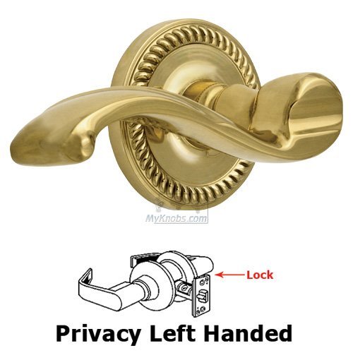 Left Handed Privacy Lever - Newport Rosette with Portofino Door Lever in Lifetime Brass