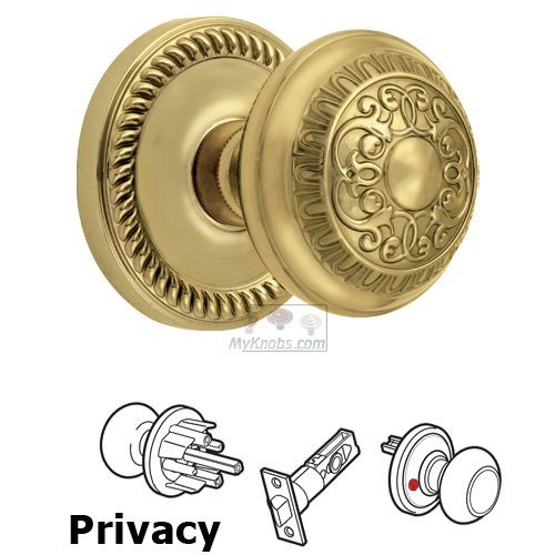 Privacy Knob - Newport Rosette with Windsor Door Knob in Lifetime Brass