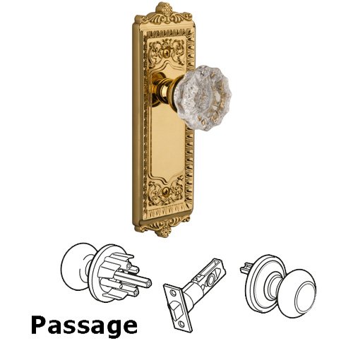 Passage Knob - Windsor Plate with Fontainebleau Crystal Door Knob in Lifetime Brass